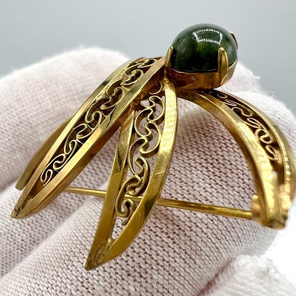 POLCINI Brooch Pin Signed 12K GF Gold Plated Jade Green Stone Filigree Vintage - Picture 7 of 12